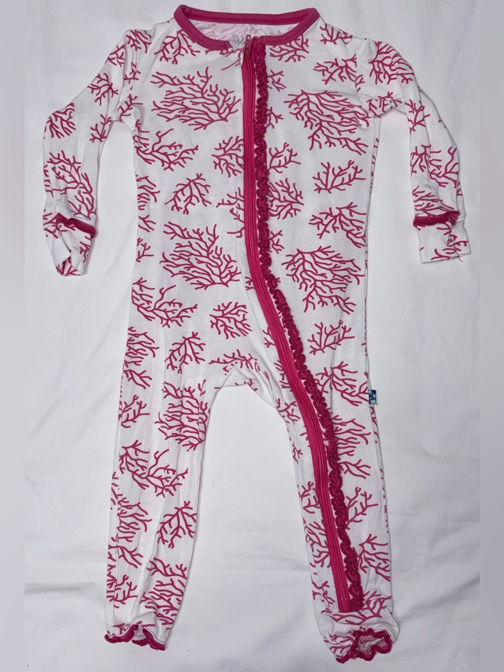 Kickee Pants pink and white sleeper with drop seat sz 12-18 months EUC